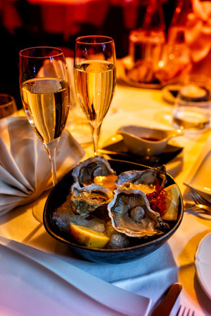 Oysters and wine. Romantic dinner table for two, restaurante. Dark evening background, vertical image. Selective focus.の写真素材