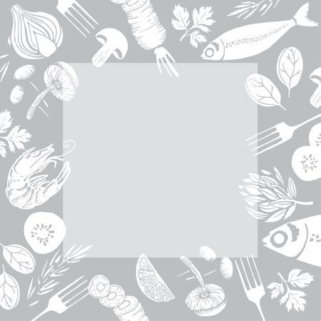 Set of healthy food ingredient, hand drawn, text box for your communication, frame vector illustration. Grey colors.のイラスト素材