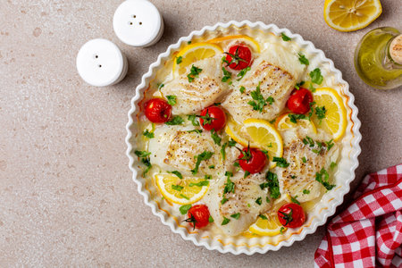 Casserole with baked fillet of cod fish, with lemon, tomatoes, olive oil, parsley, salt and pepper. Mediterranean food, directly above. Copy space.の写真素材