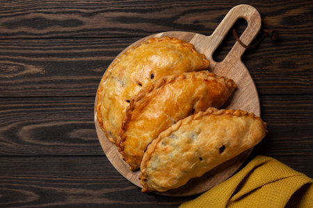 Flat la of baked meat turnovers or pies, or empanadas, or cornish pasty with filling, beef, carrot,...