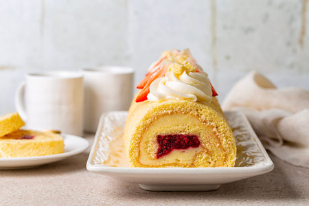 Swiss or jelly roll cake, roulade or Swiss log. Rolled sponge cake filled with custard cream and berry jelly, decorated with whipped cream cheese and strawberries.の写真素材