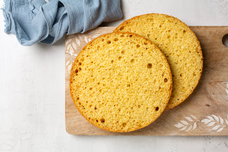 Cooking and baking round vanilla sponge cake or chiffon cake, two cut layers with texture. Homemade...