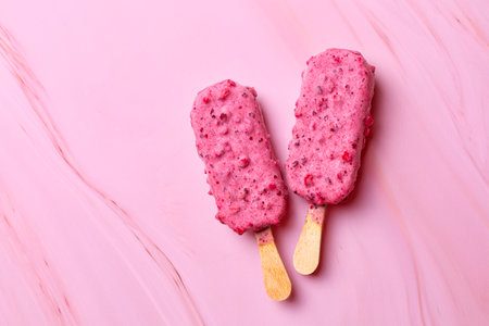 Fruit and berry ice cream on a stick, fresh blueberries and strawberries. . Pink, magenta food background. Copy space.の写真素材