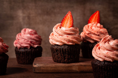 Chocolate brownie muffin or cupcakes with strawberry buttercream frosting, homemade. Brown background.の写真素材