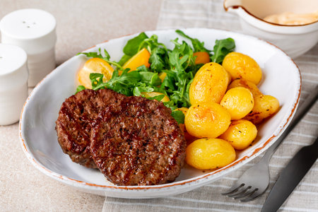 Homemade dinner. Meat patties with baked potatoes and salad. Beef Cutlets or hamburger.