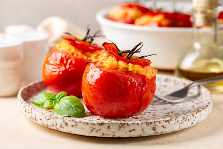 A plate with baked stuffed tomatoes with rice, cheese and basil. Selective focus, close up. Mediterranean food.の写真素材