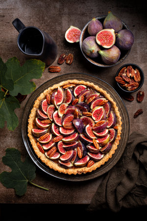 California Fig and Bourbon Pecan Pie or tart, homemade pie crust with figs, brown sugar, butter, eggs and pecans filling, decorated with fresh figs and toasted pecan. Brown table, vertical image.の写真素材