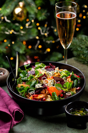 Christmas or New Year table. Winter salad with beetroot, oranges, walnuts, pomegranate, dried cranberries, valerian lettuce, blue cheese. Pink wine in glass. Honey and olive oil dressing. Christmas tree.の写真素材