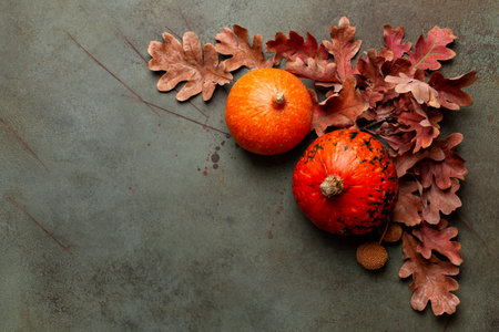 Beautiful green autumn background with orange pumpkins and red oak leaves. Copy space. Festive, thanksgiving concept.の写真素材