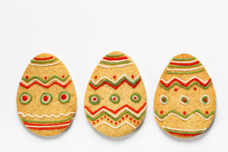 Easter background. Egg shaped Easter cookies with colorful  icing decoration, handmade. Creative...