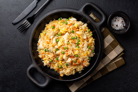 Flat lay of a wok with fried rice, chicken, egg and vegetables, onion, bell pepper, carrot, green peas. Black table.の写真素材