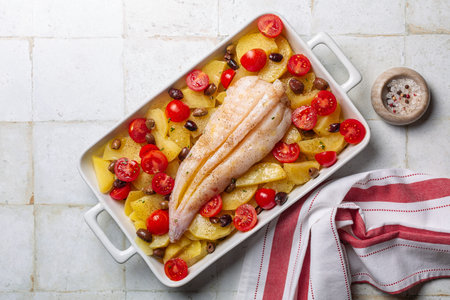Cooking Anglerfish, Monkfish with fresh potato, olives and tomatoes. Raw uncooked food in a white...