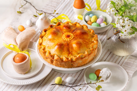 Easter table, with colored eggs, flowers, Savory Easter pie, Torta Pasqualina, made with spinach,...