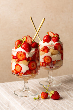 Strawberry tiramisu or trifle in two glasses. Italian dessert on a light table and beige background. Vertical image.の写真素材