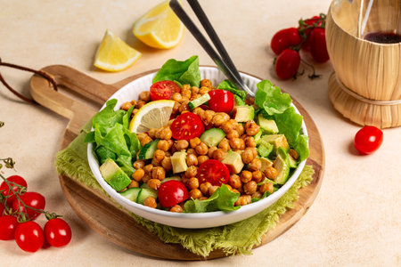 Table with mediterranean chickpea salad. Chickpea and paprika baked beans, lettuce, tomatoes, avocado, cucumber, lemon and olive oil dressing. Healthy high protein vegan meal.の写真素材