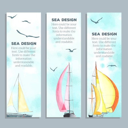 Flyers with watercolor sailboats. Creative cards. Flyers and Banner Designs. Each one is separately.のイラスト素材