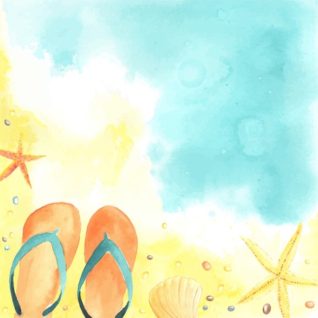 Watercolor card with Seaside, flip flops and Starfish. Each one is separately.のイラスト素材