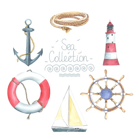 Set of watercolor nautical elements. Lighthouse, helm, sailing boat, lifebuoy, anchor,  rope. Each one is separately.のイラスト素材