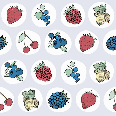 Pattern with different berries on grey background.
