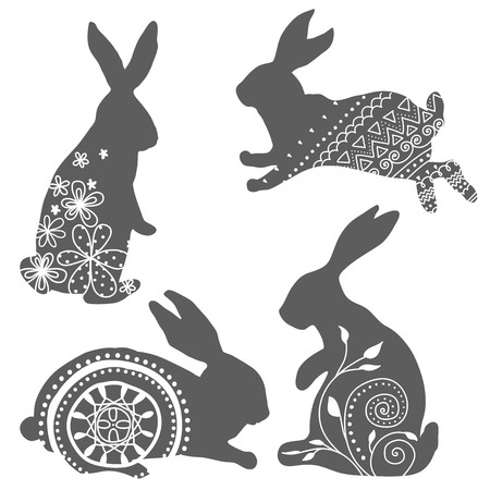Set of silhouettes of rabbits with ornamentのイラスト素材