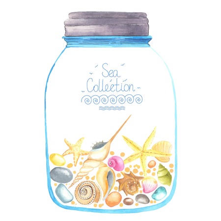 Memories in a jar. Watercolor starfish, seashells and sand  inside.  All object made in vector. Each one is separately.のイラスト素材