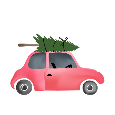 Cartoon vector illustration of small red vintage car and christmas tree on top.のイラスト素材