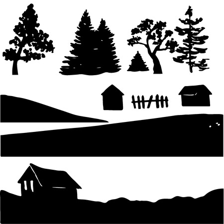Set of silhouettes of rural elements for making landscapes.のイラスト素材