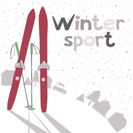 Winter landscape with ski and silhouette of village. Vector illustration.のイラスト素材