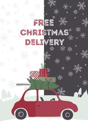 Spesial christmas delivery vector Illustration. Small red car with gifts and christmas tree on the top.のイラスト素材