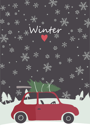 Christmas illustration of retro red car with tree on the top. Template for Cards, Tags, Invitations.のイラスト素材