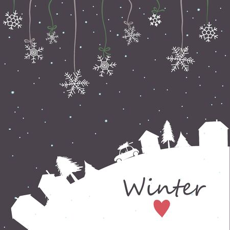 Snowflakes on night sky background and silhouette of the city.のイラスト素材