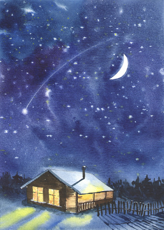 Watercolor image with starry sky background and a cabin in the woods. Paper texture.の写真素材