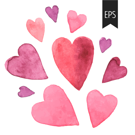 Set of pink watercolor hearts. Hand drawn hearts isolated on white background. Elements for Wedding or Valentines decoration.のイラスト素材