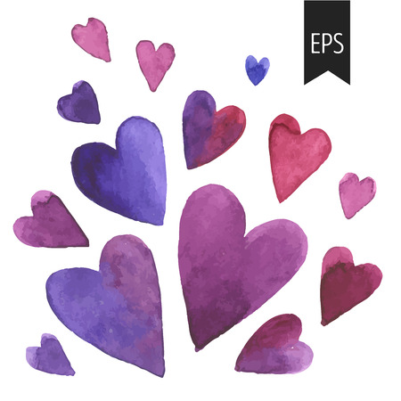 Set of purple watercolor hearts. hearts isolated on white background. Elements for Wedding or Valentines decoration. のイラスト素材