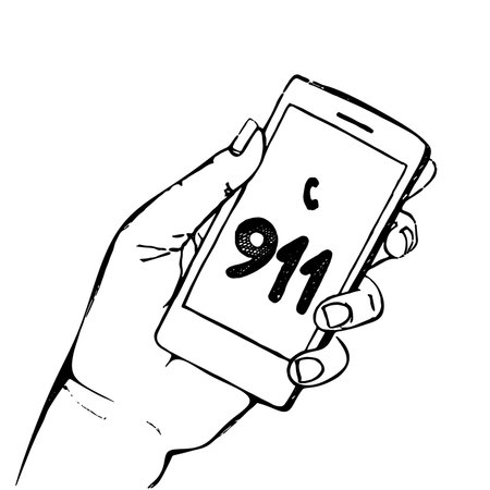 Hand holding mobile phone with emergency number 911 isolated on white. Great for any safety design ....
