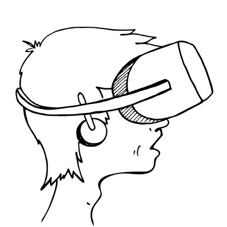 Boy wearing a virtual reality headset on white background. Hand drawn sketch. Vector Illustration.のイラスト素材