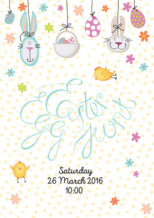 Easter egg hunt. Poster or invitation whith Unique hand drawn design phrase and funny elements. on dotted background.のイラスト素材