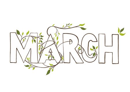 March month name. Lettering with branches and young leaves . Vercor illustration.の写真素材