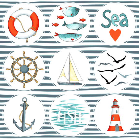 Sea set of 9 nautical elements isolated on whiteの写真素材