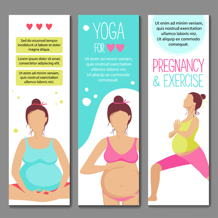 Set of banners for advertising pregnant yoga. Women doing exercise. Variants of poses.のイラスト素材