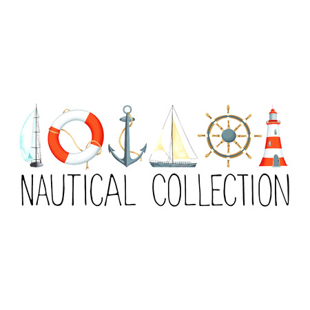 Banner or headline with nautical elements. Template for text. There are lighthouse, sailboat, life buoy, anchor and wheel. Vector illustration.のイラスト素材