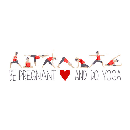 Banner or headline for advertising pregnant yoga. Women doing exercise. Variants of poses.のイラスト素材