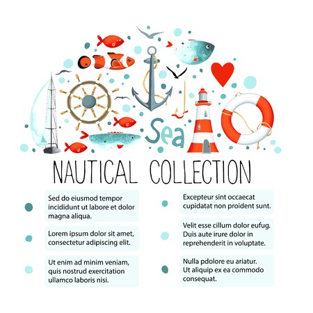 Collection of nautical elements in a semicircle shape. Template for text. There are lighthouse, seagull, sailboat, life buoy, fish, anchor and wheel.のイラスト素材