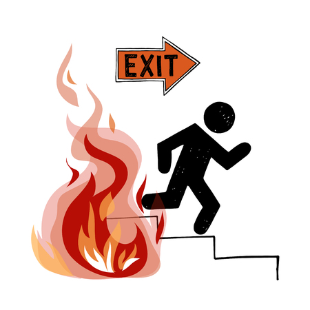 Fire evacuation sign. Pictograph of man and realistic flame.のイラスト素材