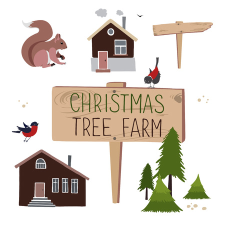 set for creation illustrations about Christmas tree farm. Christmas Trees for saleのイラスト素材