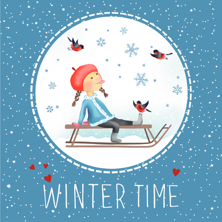 Cheerful winter illustration of Little girl on the sled. Snowflakes and bullfinches around. Let It Snowのイラスト素材