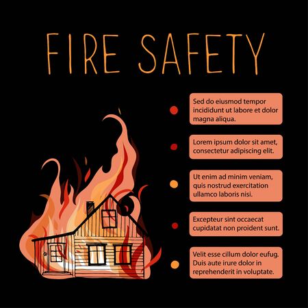 Template of fire safety vector placard. Silhouette wooden house on a background of fire.のイラスト素材