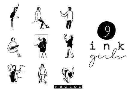 9 Hand Drawn Ink Girls made in vectorのイラスト素材