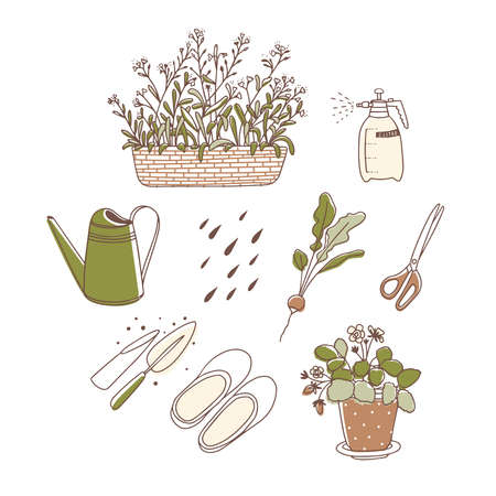 garden set. vector illustration. line art. Forget-me-nots, spray bottle, watering can, radishes, scissors, galoshes, potted strawberriesのイラスト素材