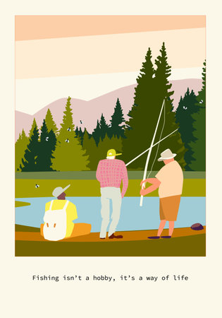 Minimalist vector illustration of three people fishing by a forest lake at sunset. The composition features tall pine trees, calm water, and distant mountains, capturing a peaceful and relaxing outdoor scene. Ideal for adventure, leisure, travel, summer recreation, and nature projects.のイラスト素材
